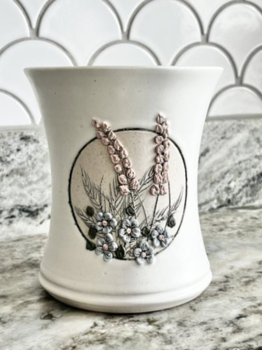 Ceramic Vase Crock Raised Floral Design Handmade Pottery